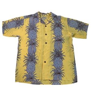 VTG Avanti Silk Hawaiian Shirt Mens Small Yellow Blue Pineapple Missing Button*